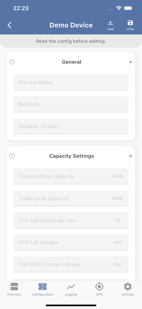 SmartBMS Utility - SmartBMS Utility app configuration screen with battery capacity and cell voltage settings