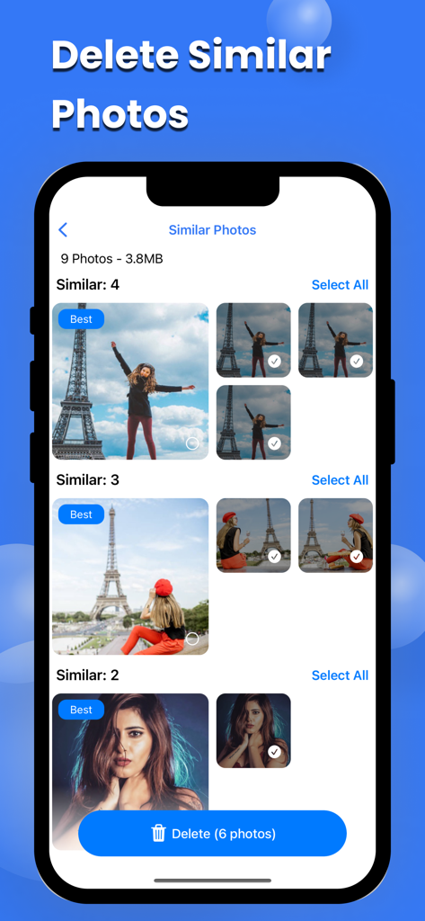 Phone Cleaner - Smart Clean Up - Interface of the Phone Cleaner app showing groups of similar photos selected for deletion to free up storage space