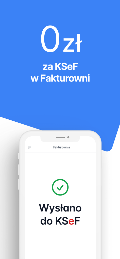 Fakturownia mobile app screen showing a successful invoice submission to KSeF and a zero cost promotion