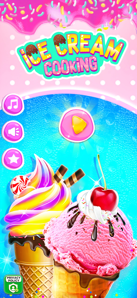 Ice Cream Maker | Cooking Game - Pantalla de inicio del juego Máquina de Helados con conos de helado coloridos decorados y un botón de jugar