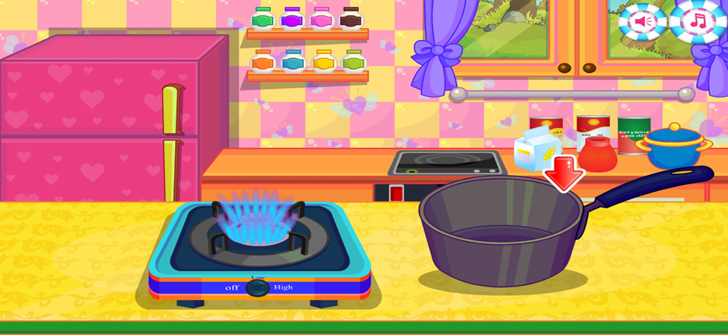 Cakes Maker : Cooking Desserts - Cartoon kitchen scene with a pink heart-patterned fridge and a cooking pan on a stove burner