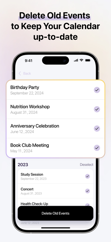 Sparkle - Cleaner App - Sparkle app calendar cleanup screen showing a list of old events selected for deletion