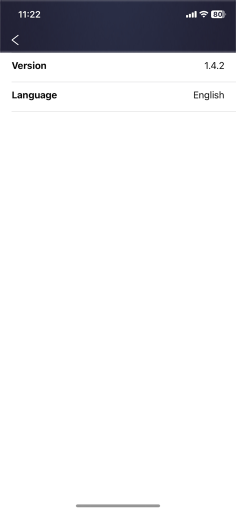 i-Camera HD - Interface do aplicativo i-Camera HD exibindo a versão do software 1.4.2 e a seleção de idioma definida para inglês.