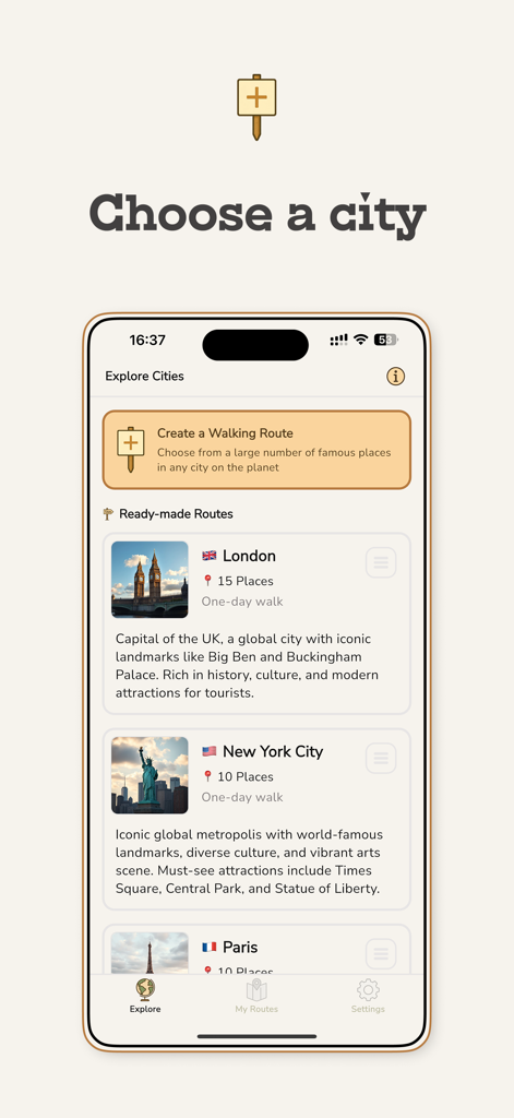 Walky: Walking Tours & Routes - Interfaz de la aplicación Walky que muestra paseos predeterminados para Londres y Nueva York