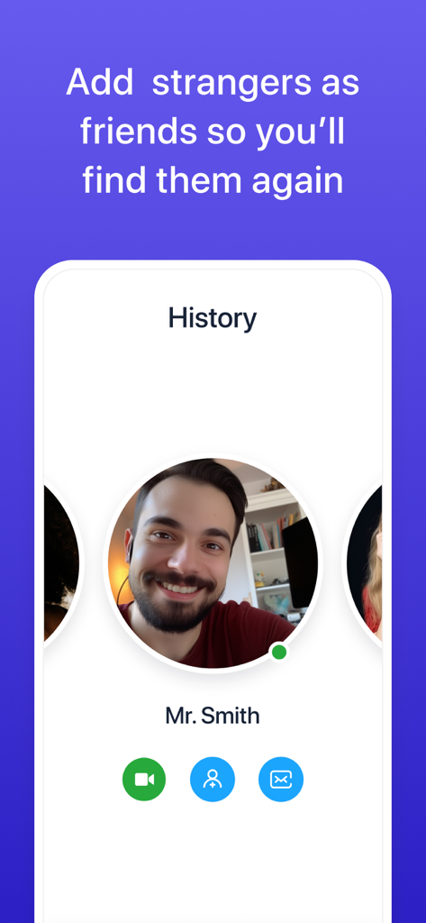 CooMeet app history screen showing a user profile and an option to add strangers as friends