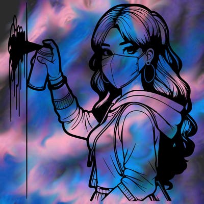 realistic girl with mask spray painting a wall