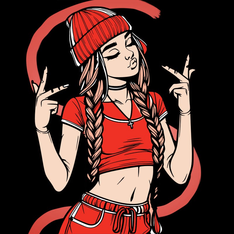 realistic teenage girl with braids and a beanie and crop top doing 🫶🏼