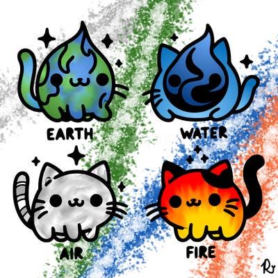 4 cats that represent the different elements, earth, water, air, and fire