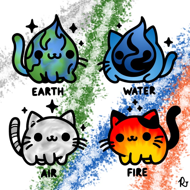 4 cats that represent the different elements, earth, water, air, and fire