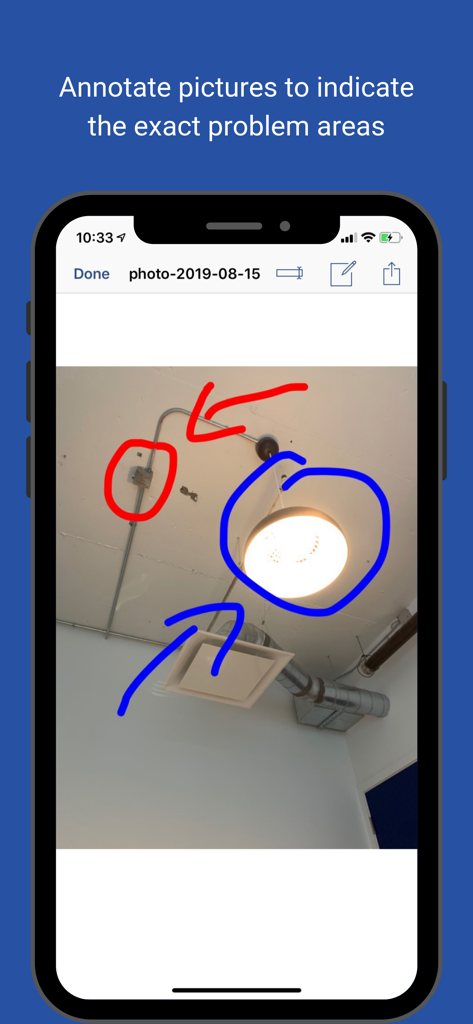 Nimonik - Inspect & Registers - Nimonik app interface showing a photo of a ceiling with red and blue circles and arrows to highlight specific audit findings.