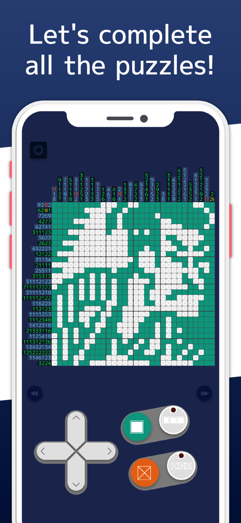 Juego móvil de un acertijo lógico de nonograma en verde y blanco con un controlador virtual