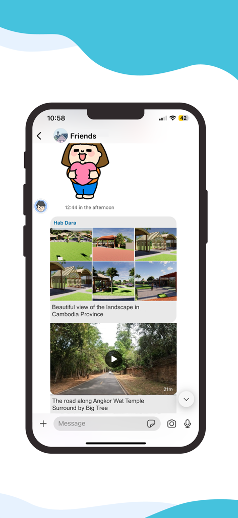 Secure chat screen of CoolApp Messenger on an iPhone showing shared multimedia messages