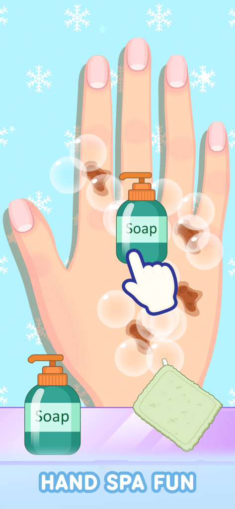Nail Games: Salon for Girls - A hand being cleaned with soap and bubbles in the Hand Spa Fun mini game.