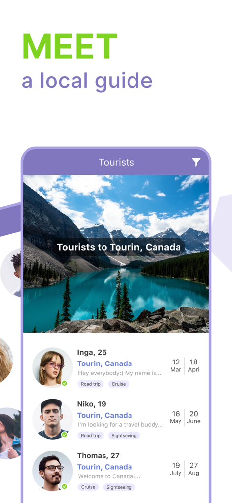 TourBar - international dating - Capture d'écran de l'application TourBar montrant une liste de profils de touristes dans Tourin Canada avec un paysage de lac de montagne en arrière-plan
