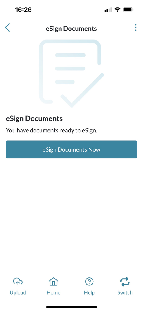 A mobile interface for the eCOS Legal app showing an eSign documents screen with a prominent button to start the electronic signature process.