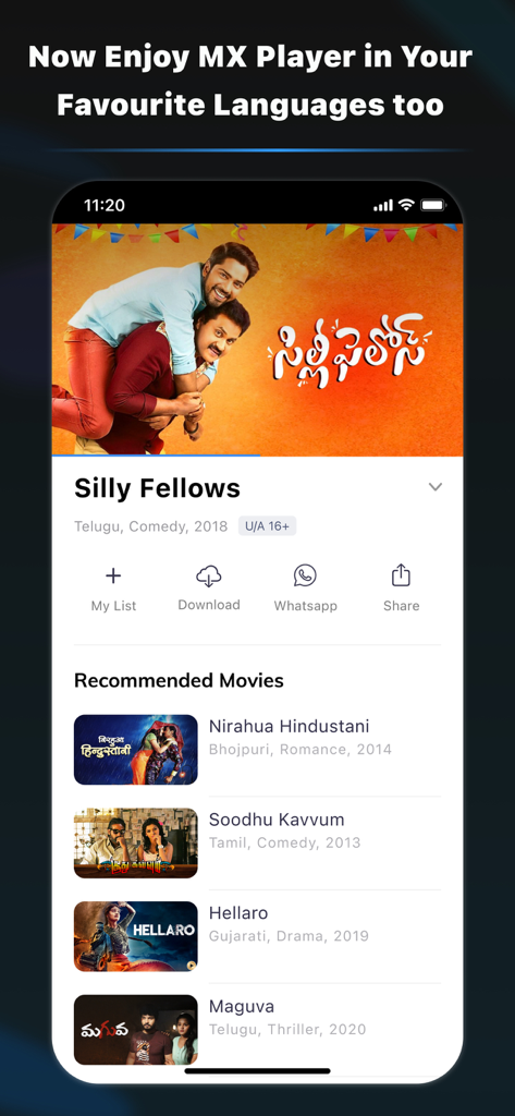MX Player - Pantalla de la aplicación MX Player que presenta películas en múltiples idiomas regionales indios