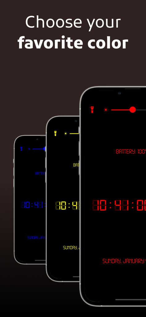 Digital Clock: Night Stand-by - Three iPhones displaying the digital clock app in different colors red yellow and blue