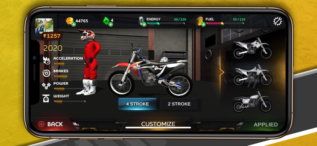TiMX: This is Motocross - Mobile game screen showing motocross bike and rider customization options including engine types and performance stats