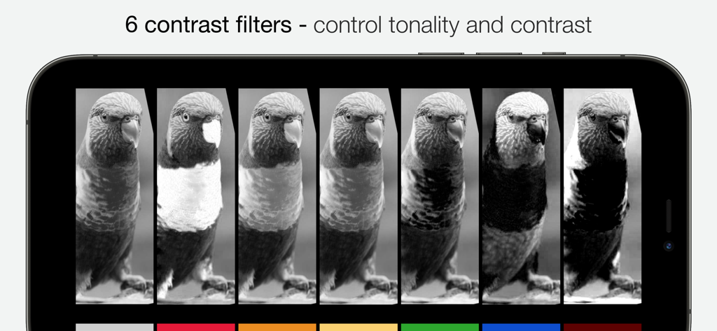 Camera1 - Black & White Camera - Interface showing six black and white contrast filters for controlling tonality and contrast
