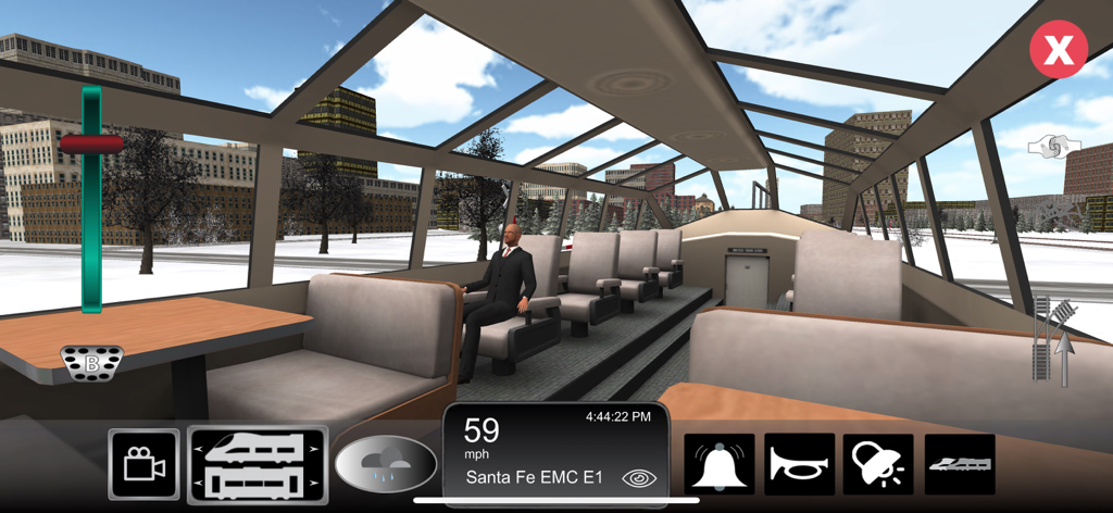 Train Sim Pro - Interior view of a realistic 3D passenger train car in Train Sim Pro showing seats and windows with a snowy city background.