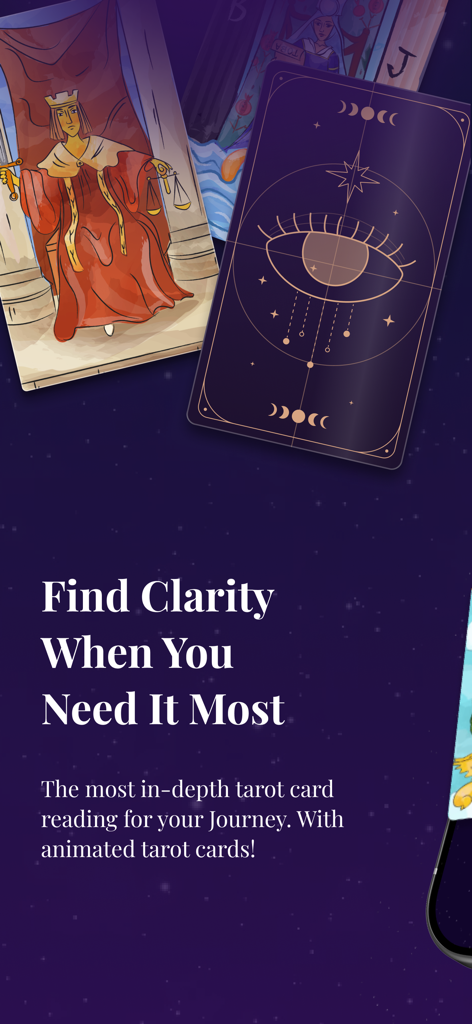 Tarot Card Reading - Tarotoo - Tarotoo app interface with animated tarot cards and spiritual clarity message