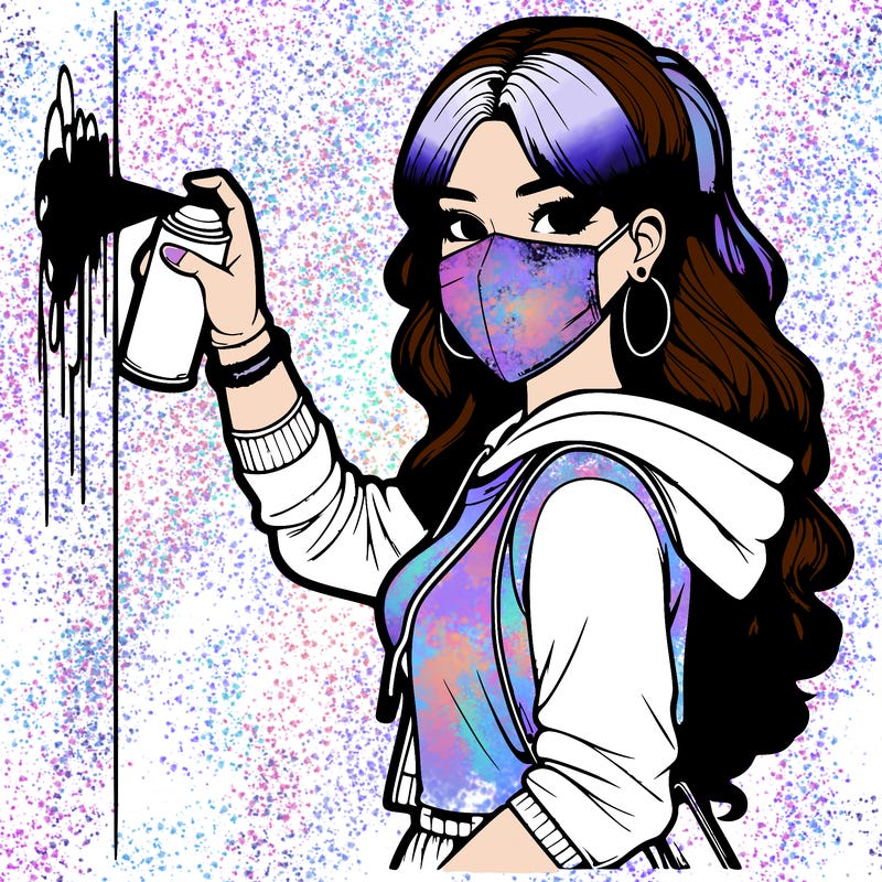 realistic girl with mask spray painting a wall