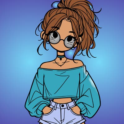 girl with a messy ponytail glasses a baggy crop top and jean shorts