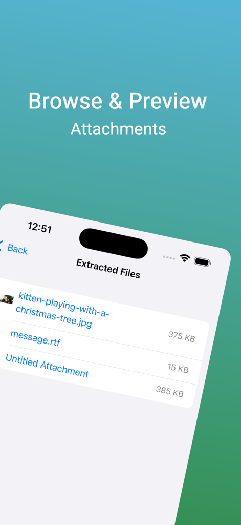 Winmail File Viewer - Winmail File Viewer app showing a list of extracted attachments like images and documents from a winmail.dat file on an iPhone.