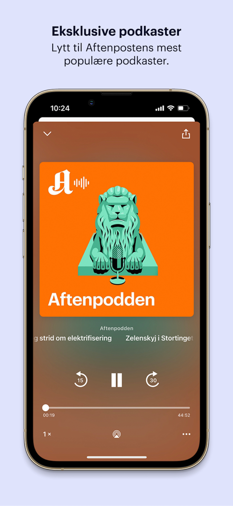 Interfaccia esclusiva del lettore podcast nell'app di notizie Aftenposten.
