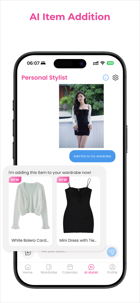 Benutzeroberfläche der mobilen Sty AI App, die die KI-Objekterkennung und das Hinzufügen zur digitalen Garderobe anhand eines Benutzerfotos demonstriert.
