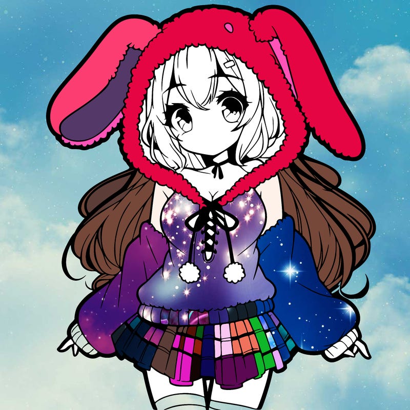 pretty anime girl wearing a fluffy hoodie with bunny ears on the hood and a skirt