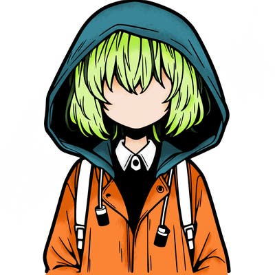 little anime girl in a raincoat her hair is covering her eyes she has a lighter