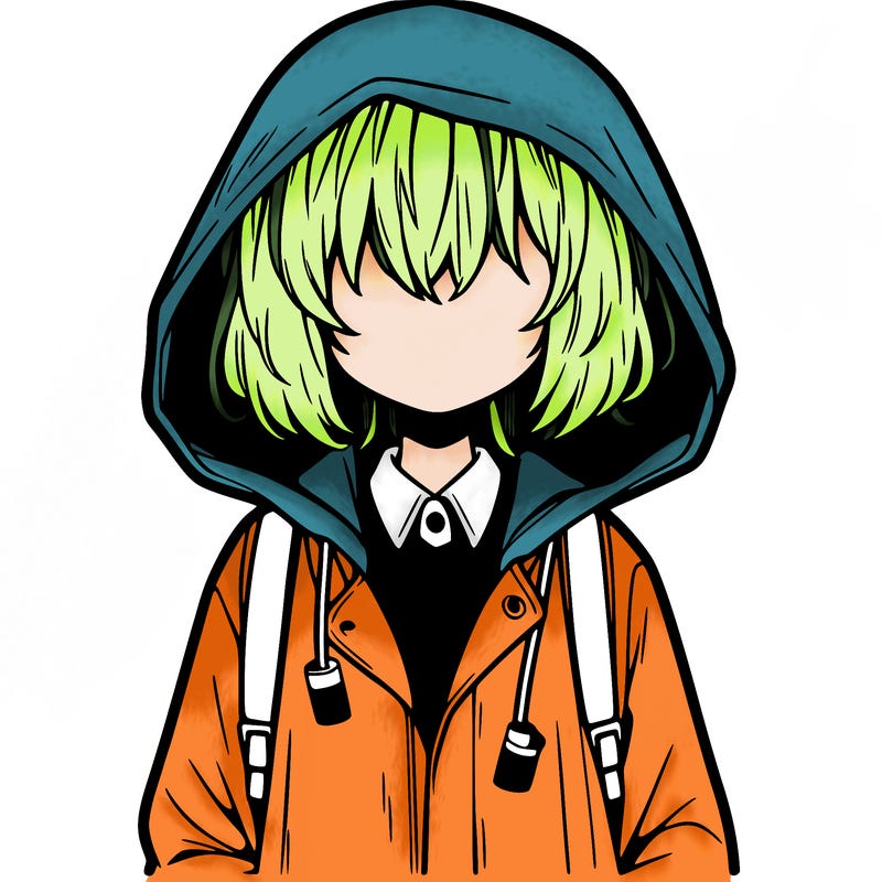 little anime girl in a raincoat her hair is covering her eyes she has a lighter