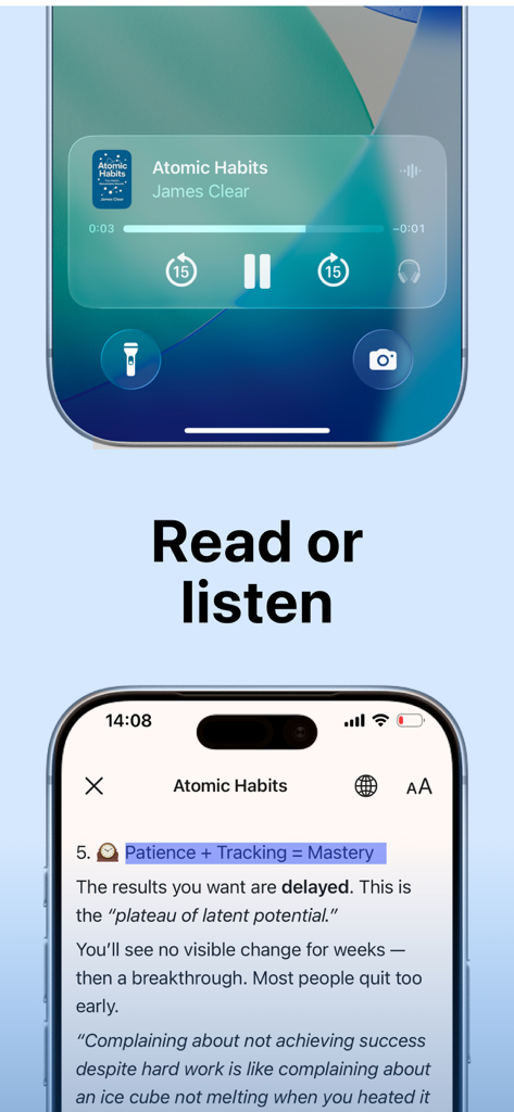 Interfaz de la aplicación BookLand que muestra tanto el reproductor de audio en una pantalla de bloqueo como el lector de texto para el resumen de Atomic Habits.