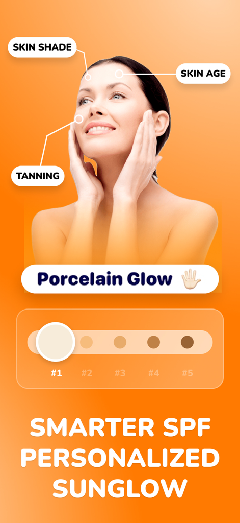Sunkissed – SPF Tanning App - A mobile app interface for Sunkissed showing a woman with skin shade and age analysis for personalized tanning
