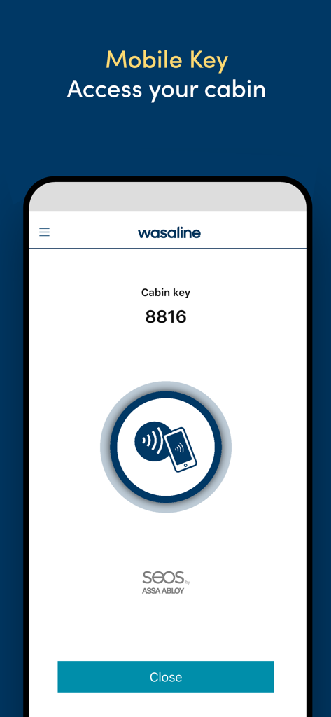 Interface of the Wasaline app featuring a mobile cabin key for contactless entry