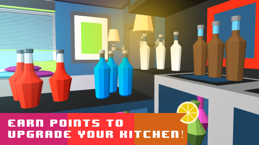 Bartender Simulator: Mix Delicious Drinks - Low poly pixel art bar counter with colorful bottles and kitchen upgrade text