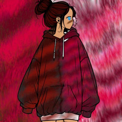 realistic girl with a oversized sweatshirt on and a bun