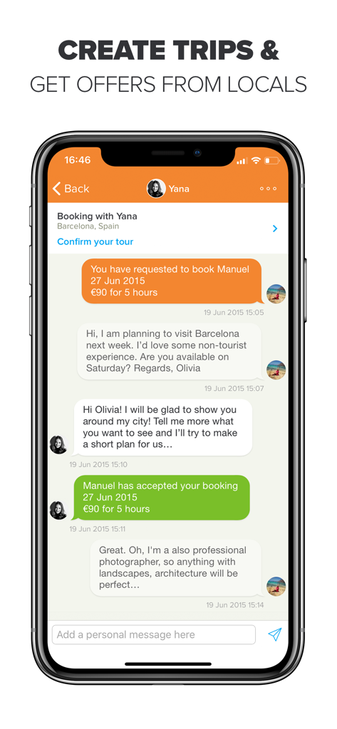 Screenshot of the Showaround app showing a chat interface for booking a personalized city tour with a local guide