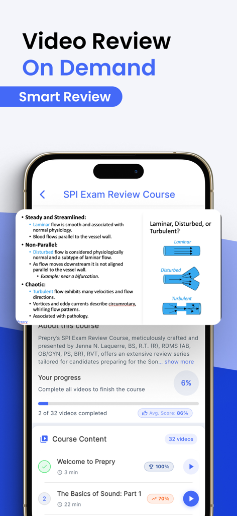 Prepry - ARDMS & CCI Exam Prep - Prepry app interface showing an SPI exam video review course with sonography diagrams and progress tracking.