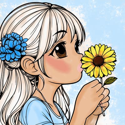 realistic girl smelling beautiful flower