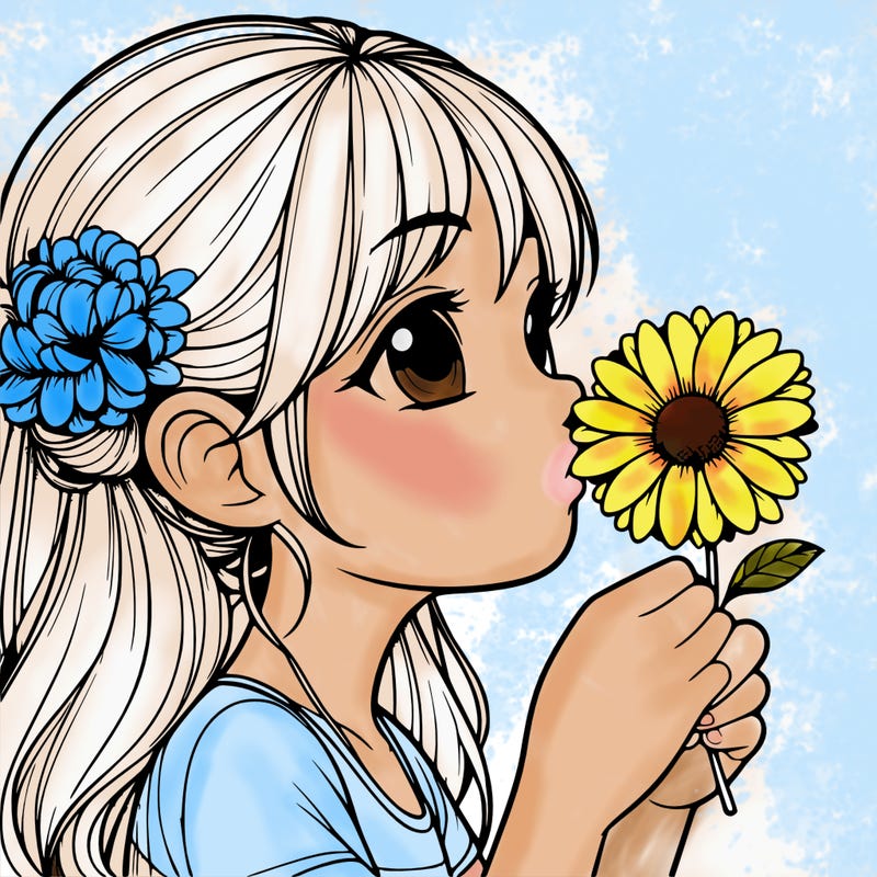 realistic girl smelling beautiful flower