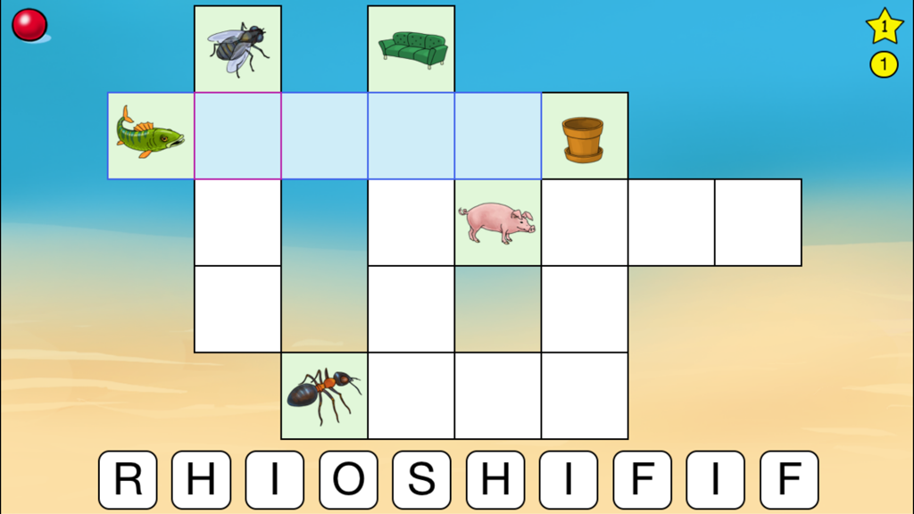 Cross Fun - Crossword puzzle screen for children with cartoon images of animals and objects to spell