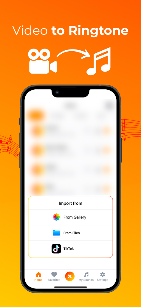 Nota Ringtones app interface showing video to ringtone import options from gallery files and TikTok