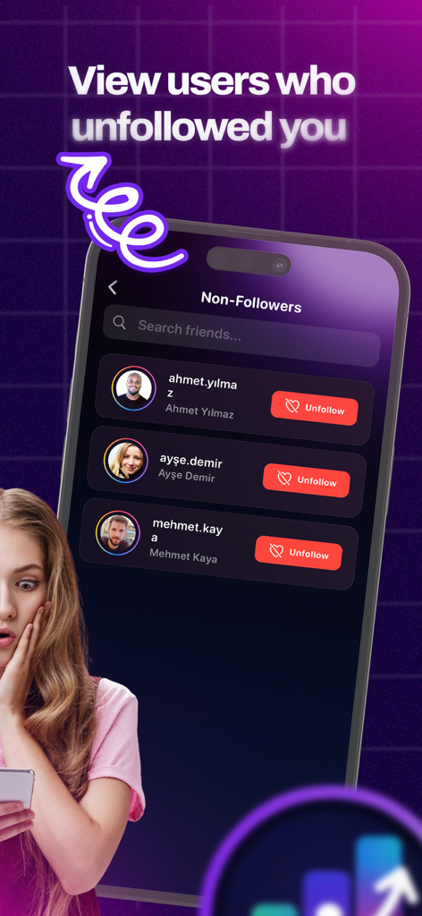 Postexa: Follower Analytics - A mobile interface of Postexa app showing the list of users who unfollowed an Instagram account