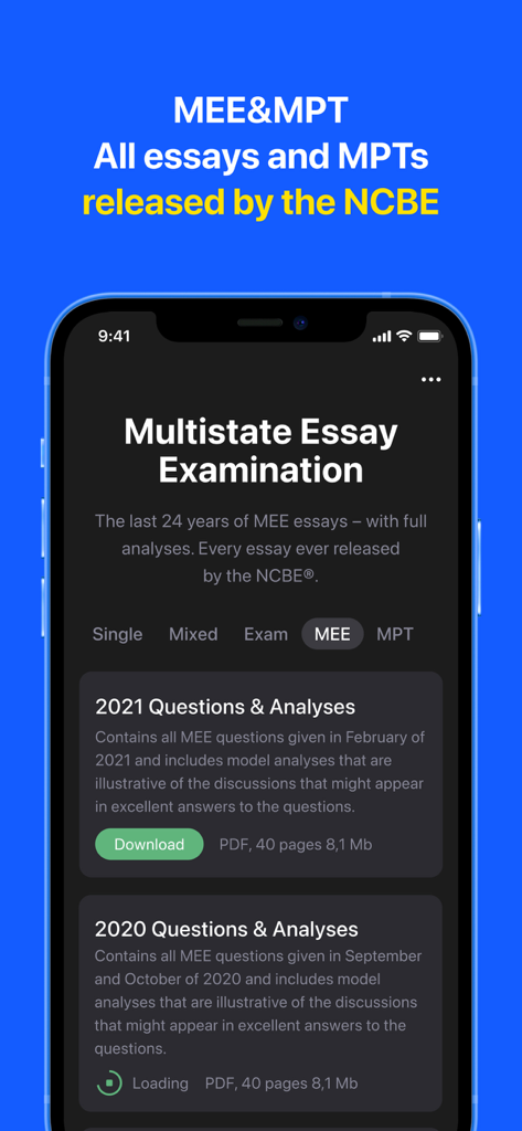 Bar Exam & MBE: Bar Prep - Bar Prep Hero app screen showing Multistate Essay Examination questions and model analyses