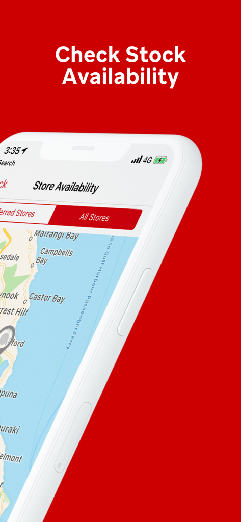 Tela do aplicativo móvel mostrando uma interface de mapa para verificar a disponibilidade de estoque na loja nas unidades The Warehouse.