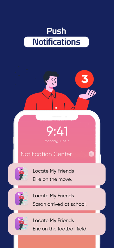 Findup: Phone Location Tracker - Pantalla de teléfono inteligente mostrando notificaciones push del rastreador Findup con miembros de la familia llegando a la escuela y otras ubicaciones