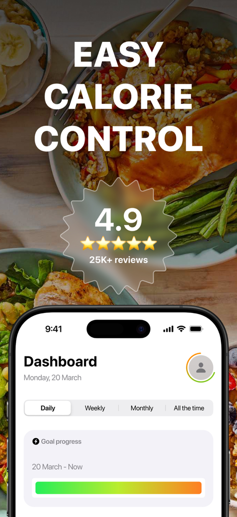 AI Calorie Counter, Tracker - Panel de la aplicación Contador de Calorías con IA que muestra el progreso de los objetivos y altas calificaciones de usuario