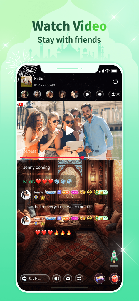 Interface of Famy app showing users co-watching a YouTube video and chatting in a virtual group room